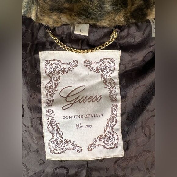 Guess Faux Fur Browns Leopard Print Lined Cropped‎ 3/4 Sleeve Jacket Size Large - Picture 8 of 10